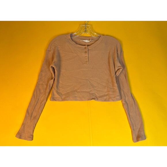 Lush Ribbed Long Sleeve Henley Top Womens S Button Cropped Tan Knit Casual NWT - Picture 3 of 6